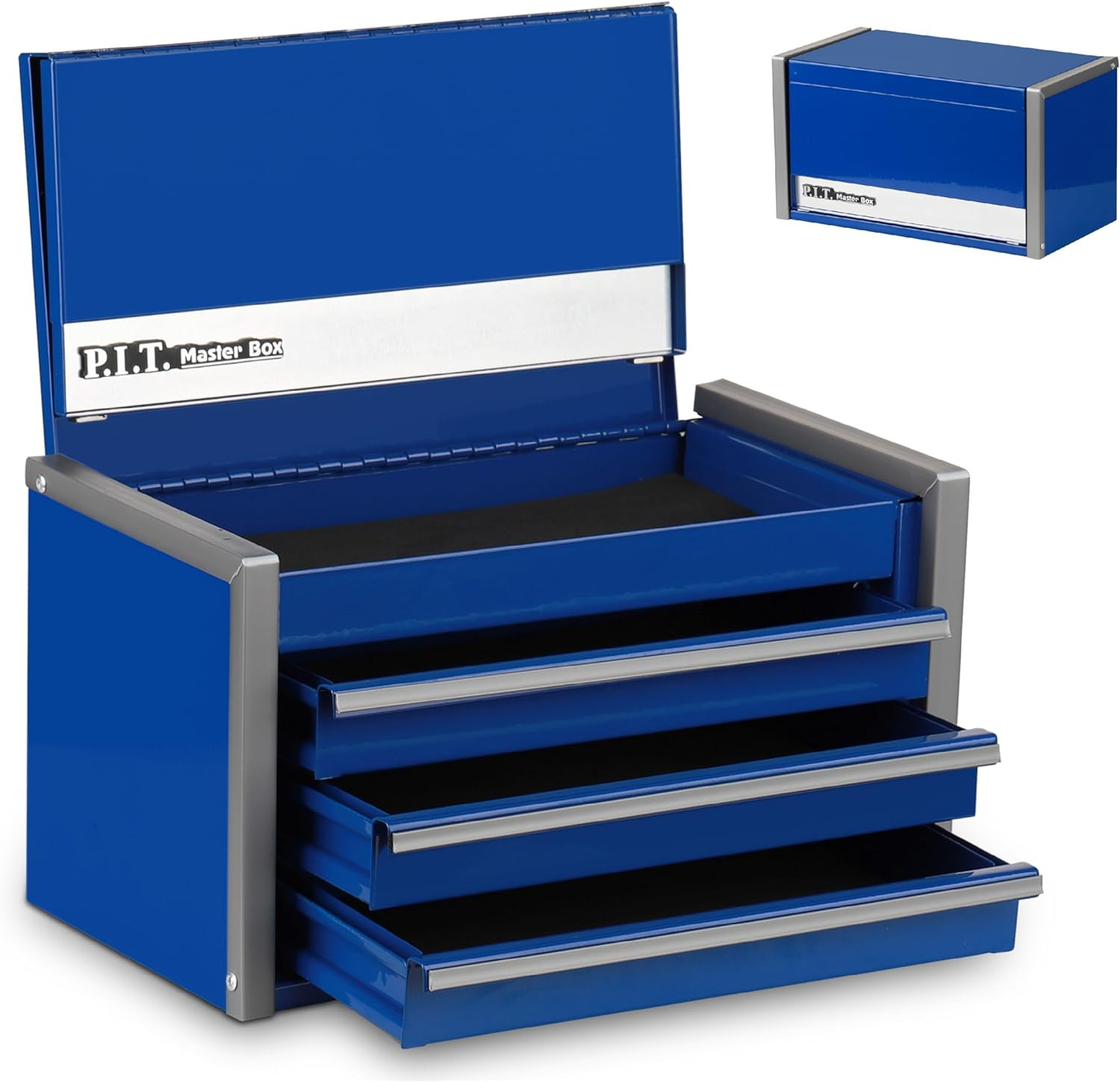 P.I.T. Mini Blue Tool Box, Portable 3 Drawer Steel Tool Box with Magnetic Tab Lo