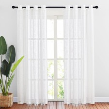 White Sheer Linen Curtains for Windows 84 inch Length, Grommet Top Semi Sheer