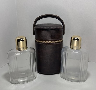 Vintage USA Made Travel 3-Piece Glass Liquor Flask Set w/ Brown Leather Case