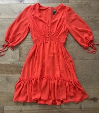 Taylor Womens Sheer Puff Sleeve Tiered Babydoll Dress XS Orange Showgirl Spring