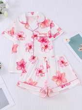 2pcs Floral Print Women'S Pajama Set, Short SleeveShirt Sleepwear and Loungewear