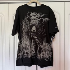 New VTG Black White Black Bear AOP Graphic T-Shirt 90s Y2K Art Unlimited 2XL