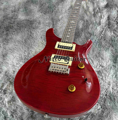 Custom 24 Frets red Flame Maple Top Electric Guitar HH Pickups Tremolo Bridge