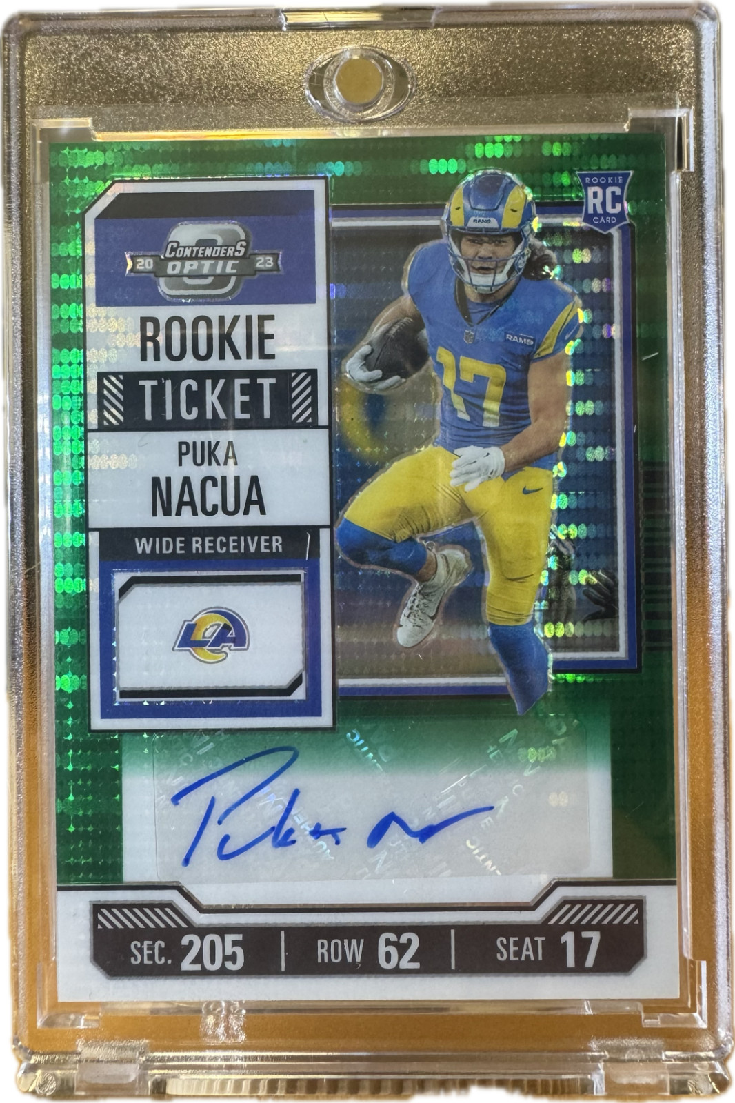 2023 Contenders Optic Puka Nacua Green Pulsar Rookie Ticket Auto 23 /30 RC Rams