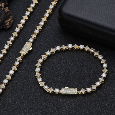 6mm Necklace Iced Out CZ Star Tennis Chain For Men Bracelet White Gold Plated