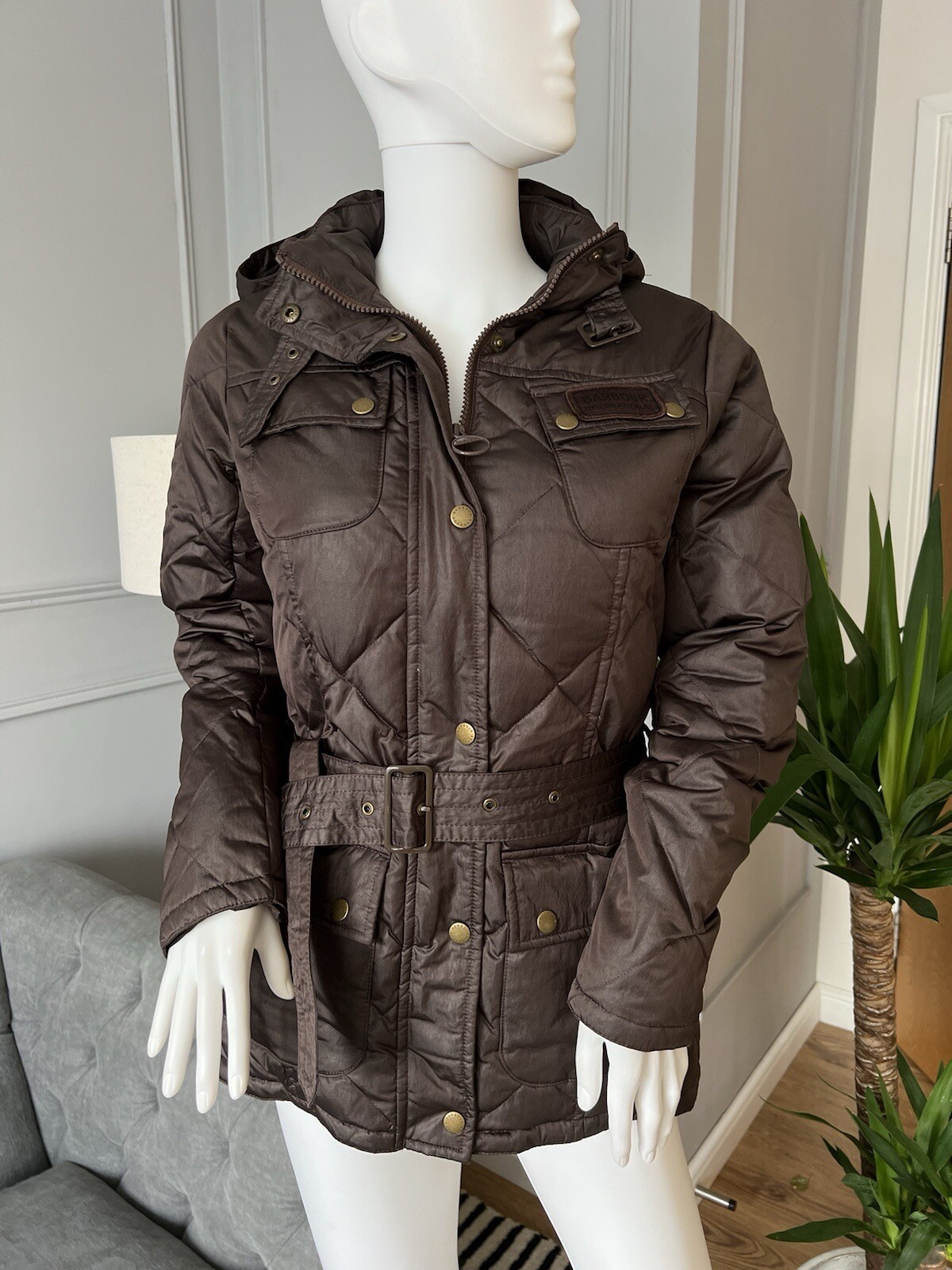 Barbour International Womens Jacket Brown Down Quilted Winter UK 10 RRP 229
