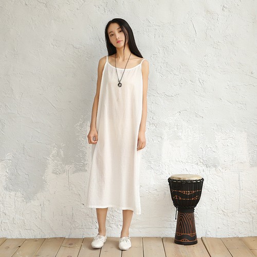 Femme Coton Lin Slip Robe Bretelle sans Manche Jupon dessous de Robe Été Neuf - Picture 2 of 16