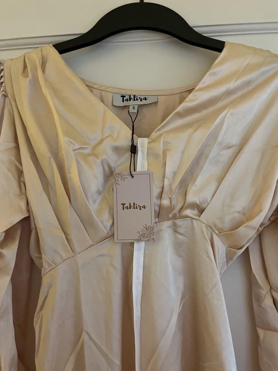 Tahlira Daphne Peach Cream Satin Maxi Gown with long sleeves BNWT