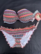 NWT Victoria's Secret Bikini Neon Multicolored Flirt Bandeau Ruffle Cheeky 32D/S
