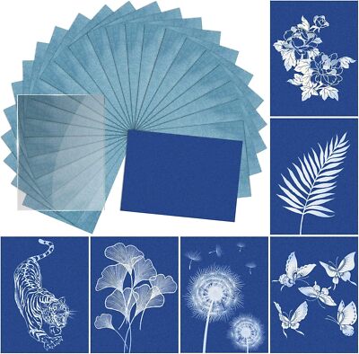 Sun Print Paper Kit Cyanotype Paper, 24 Sheets Papers with 1 White 