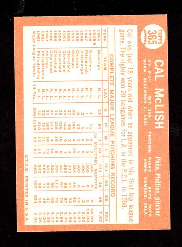 Topps Baseball 1964 # 365 Cal McLish excelente estado + estado inv 10236 - Imagen 2 de 2