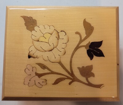 Vintage C. Industries Wood Inlay Flowers Music Box ''Sunrise, Sunset'' Made in USA