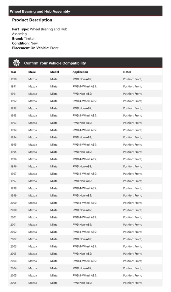 Подшипник колеса и ступица в сборе передние для Mazda Miata RWD 1990-1997, 1999-2005 годов выпуска Timken - Изображение 2 из 4