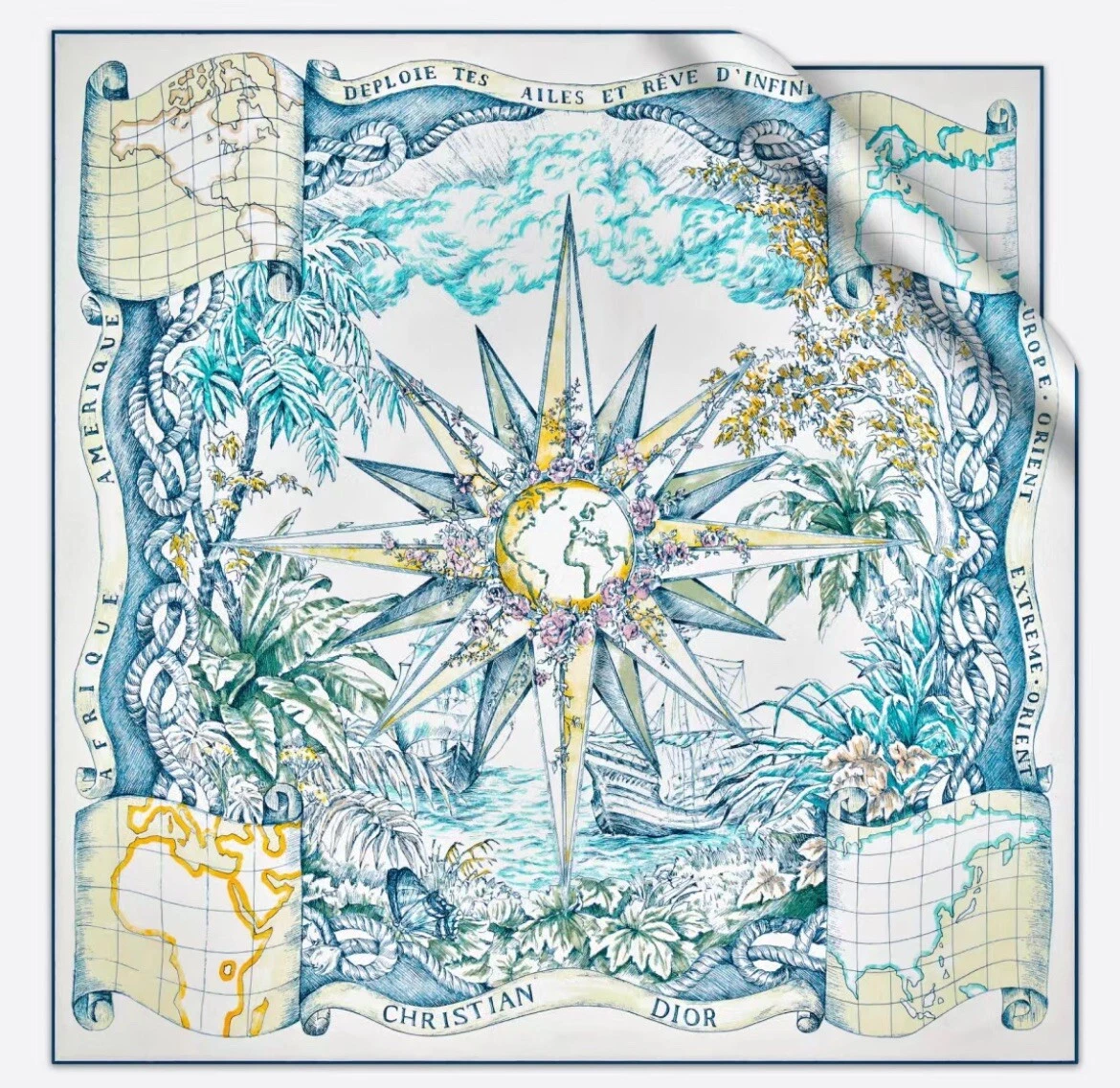 Foulard carré Christian Dior 90 en soie bleu multicolore