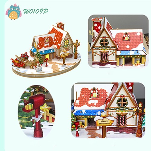 3D Christmas Wooden Puzzle Jigsaw Decor with LED Lights, Snow Cottage Model Kits - Picture 2 of 14