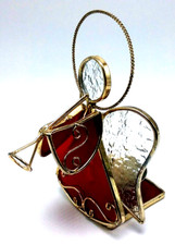 Stained Glass Angel Horn Trumpet Tealight Votive Candle Holder Red/Gold Tone 6"