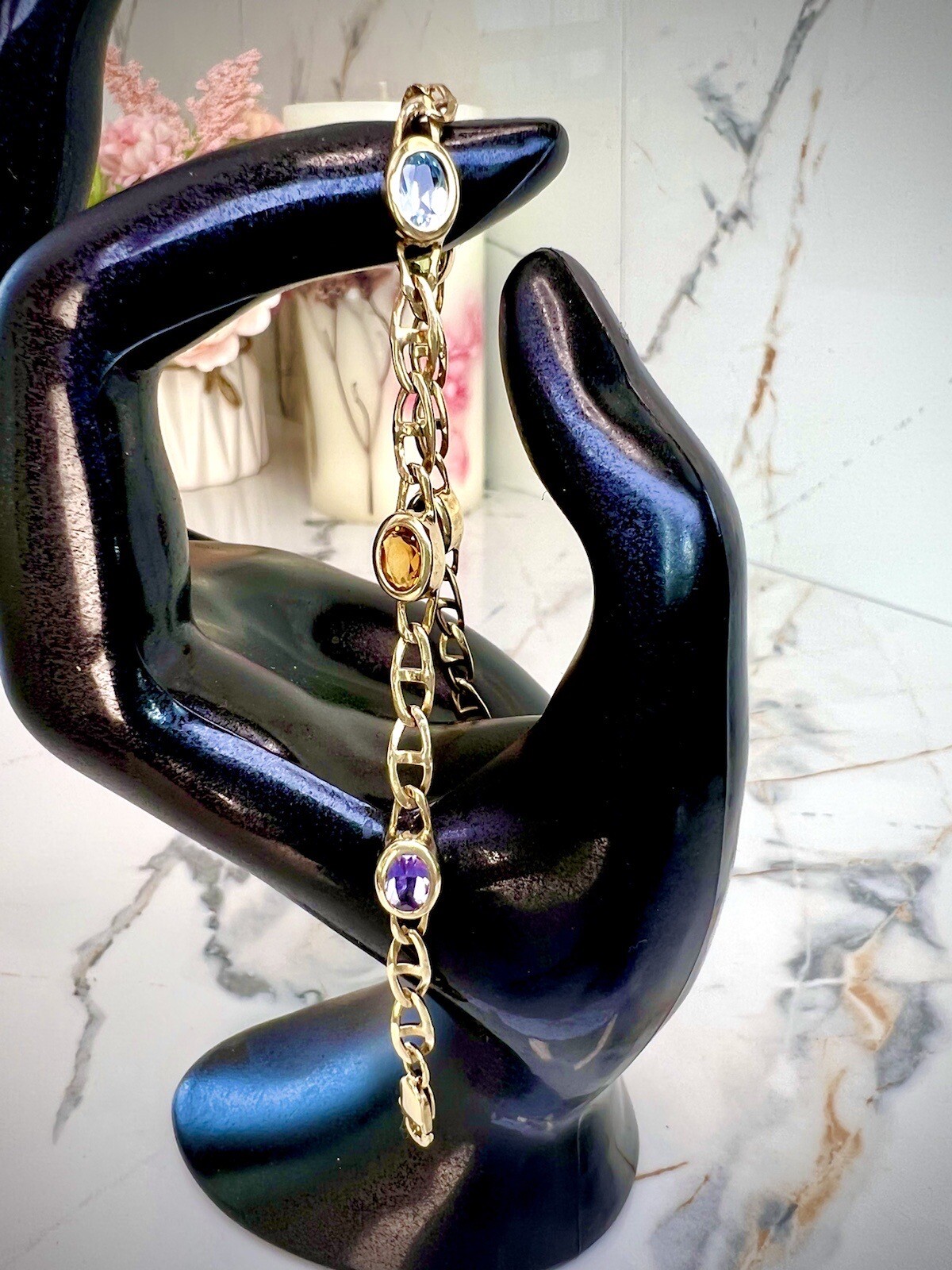 14k Solid Gold Vintage Jewelry Multi Gemstones Bracelet