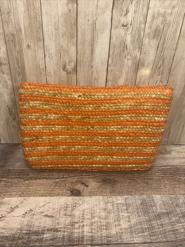 Bolso sin asas Mud Pie flor bolso sin asas natural naranja tejido trigo paja rayas Foto 4 de 4