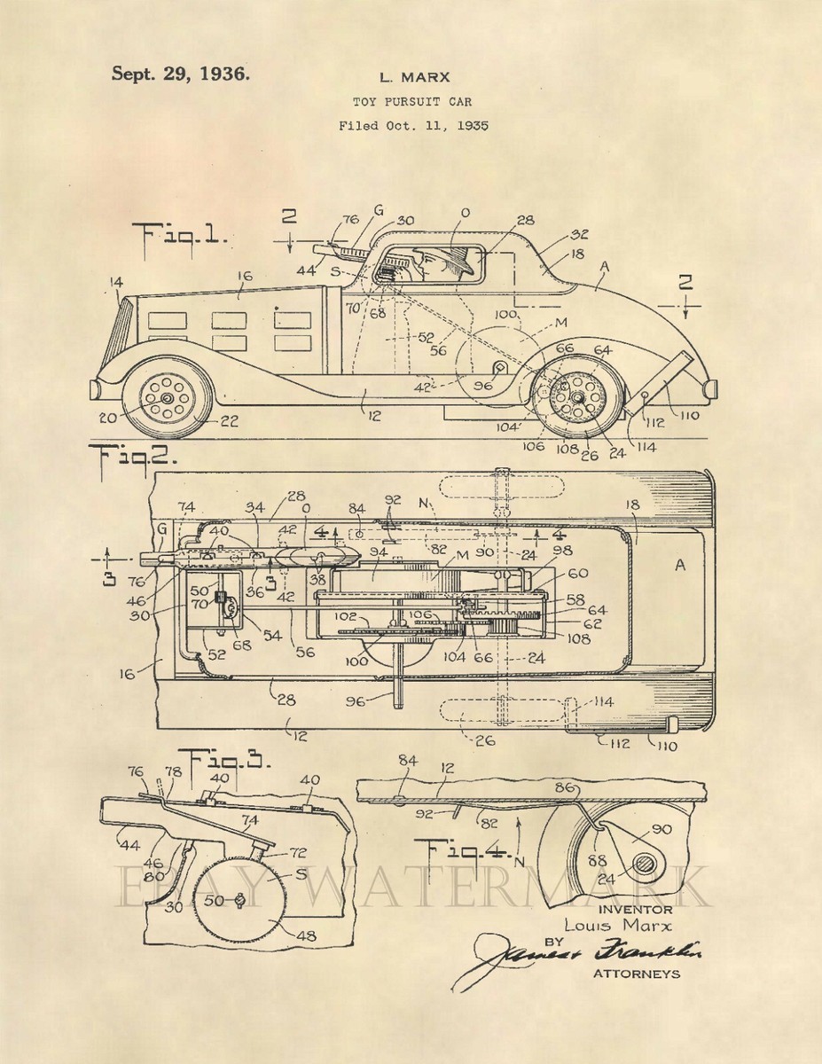 Louis Marx Toy G-Man Pursuit Car 1936 Patent Art Print - Original
