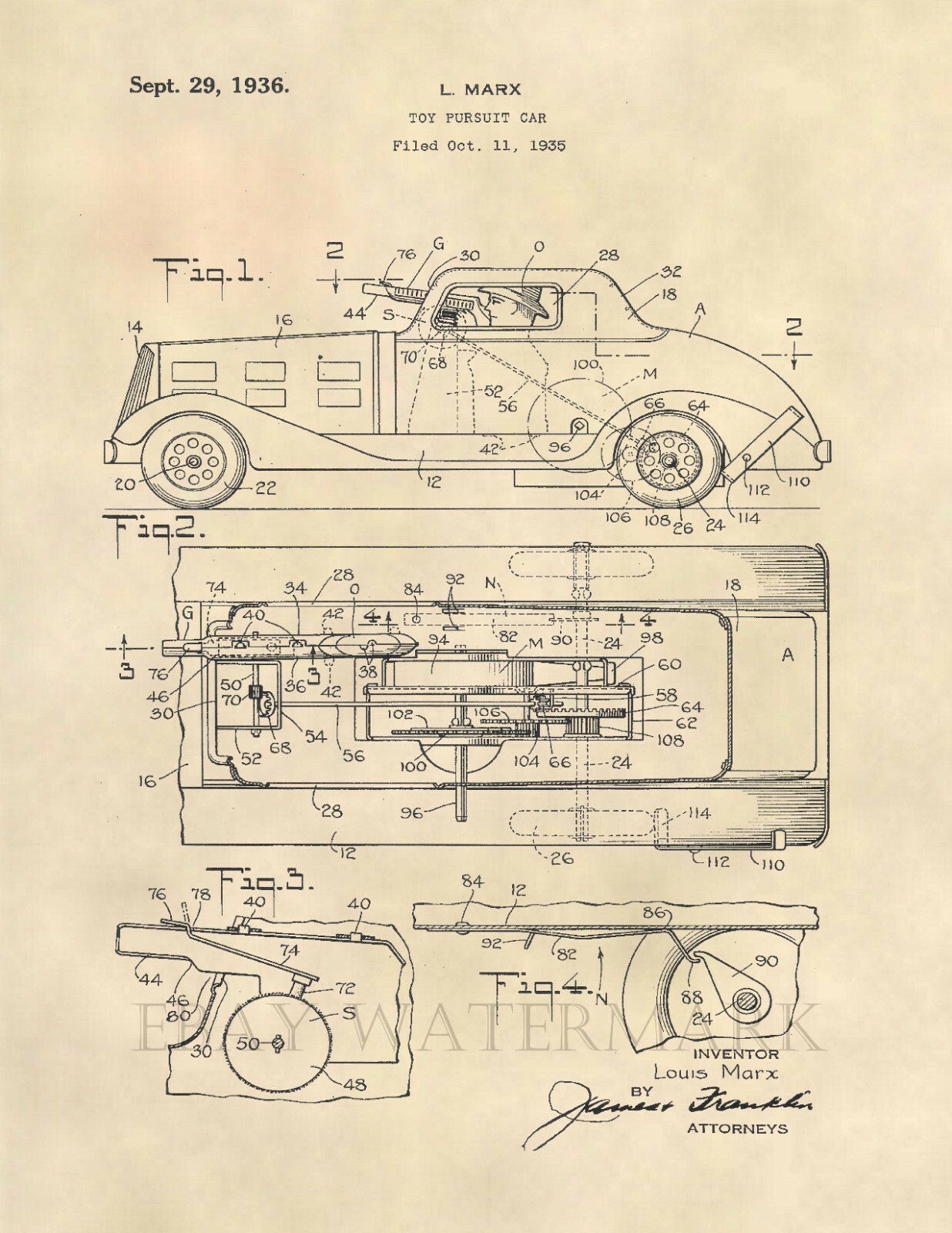 Louis Marx Toy GMan Pursuit Car 1936 Patent Art Print Original Toy