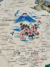 Vintage Scarf In Memory of Japan Sea Travel Souvenir Cloth Map 28” X 27”