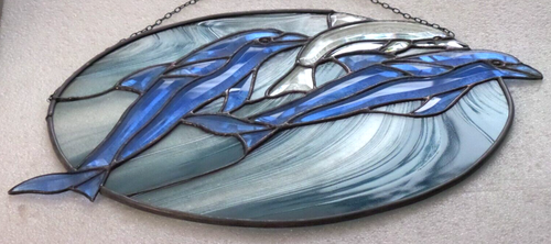 Bleiverglasung Fensterbild  Facetten- Delphin- Familie im Oval in Tiffany - Bild 11 von 15