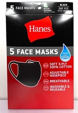 5 Pack Hanes Face Masks - Black Cotton Reusable Cover Face mask Cloth Facemask