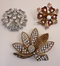 Vintage Estate Lot of 3 Rhinestone Brooches Cora LC Missing Stones Need Repair