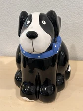 Vintage Coco Dowley Cookie Treat Jar Black & White Dog Puppy Blue Collar Bow Tie