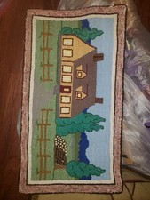 Tapis ancien crochet main maison primaire ferme primitive art populaire ferme maison 36" x 20"