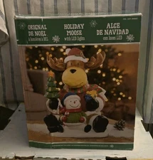 Holiday Moose, Snowman Holding A Christmas Tree W/ LED Lights 18" Tall Open Box 