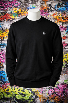 Fred Perry schwarzer Herrenpullover Rundhalsausschnitt 100 % Merinowolle Oberteil - Größe Medium 