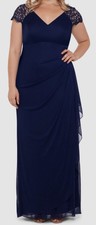 X by Xscape Womens' Blue Metallic V-Neck Lace-Shoulder Dress Plus Size 16W