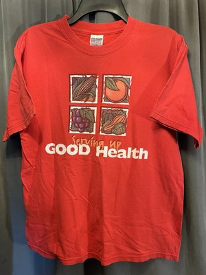 Vintage Serving Up Good Health Fruit Veggies Gildan Heavy Cotton Red Shirt Sz M