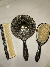 Vtg 3 Pc Silver Plate Victorian Style Dresser Vanity Set Mirror Brush And Comb