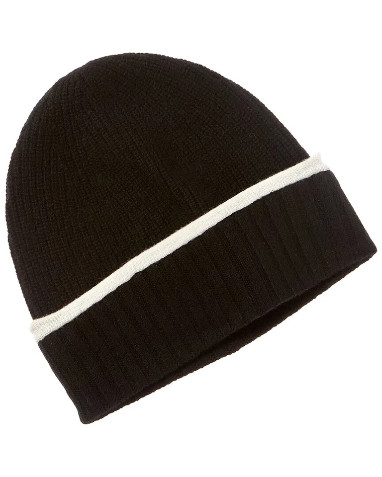 Amicale Cashmere Tipped Cuff Ribbed Cashmere Beanie Women's Black