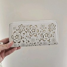 White Floral Zip-Around Women's Wallet with Card Slots and Wrist Strap