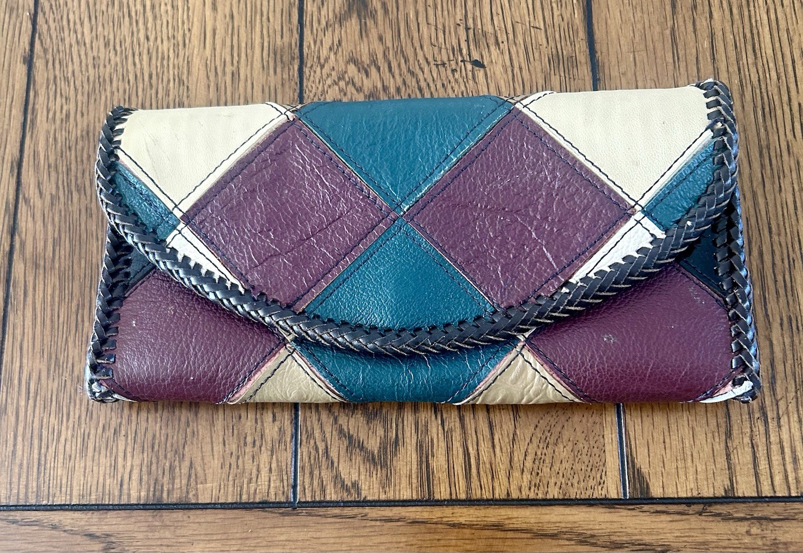 Vintage Patchwork Leather Bifold Wallet Button Sn… - image 1