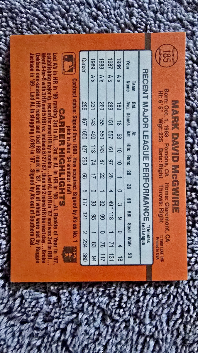 1990 Donruss - Mark McGwire #185 Error card - RARE | eBay