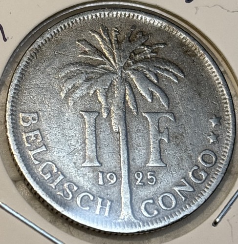 1925 Belgian Congo 1 Franc VF/XF Condition Coin Dutch Text KM#21