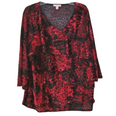 Established Woman Sz 2X Velvet Burnout 3/4 Sleeves Red Black Layered Valentines