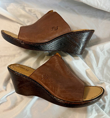 Børn Brown Leather Open-Toe Slide Sandals Wedge Mules Slip-On Women's US 8