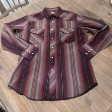 VTG Western Frontier Men's L/XL BURGUNDYStriped Pearl Snap Shirt MADE IN USA