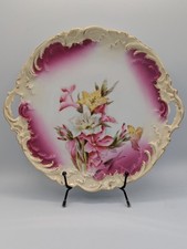 Antico piatto floreale Cina bavarese, 2 manici, magenta 11", timbrato/numerato
