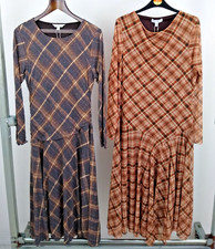 M&S Women's 2Pcs Drop Waist Checked Midi Dresses Size 16 REG Brown Mix NEW