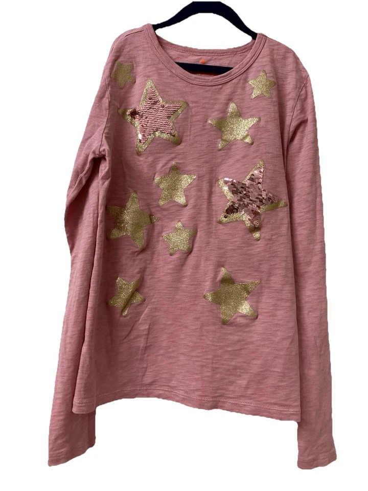 Crewcuts J. Crew Girls XL 12-14 Pink Long Sleeve Shirt Top w/ Gold Stars Sequin - Image 2 of 4