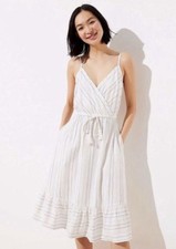 Loft Dress 2 White Cotton Shimmer Striped Spaghetti Straps Tie Waist Pocket