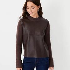 Ann Taylor Mixed Media Faux Leather Knit Sweater MP Moto Minimal Quiet Luxury