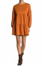 Kenedik Tiered French Terry Dress Butterscoth Long Sleeve Size Large NEW Ret $68