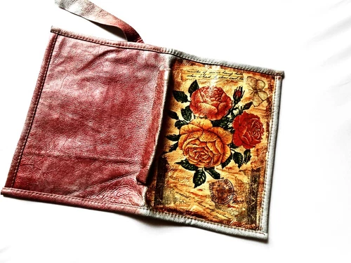 Decoupage Art Book Case A5 Diary Beau Sleeve Cover Genuine Leather Rose Flower 